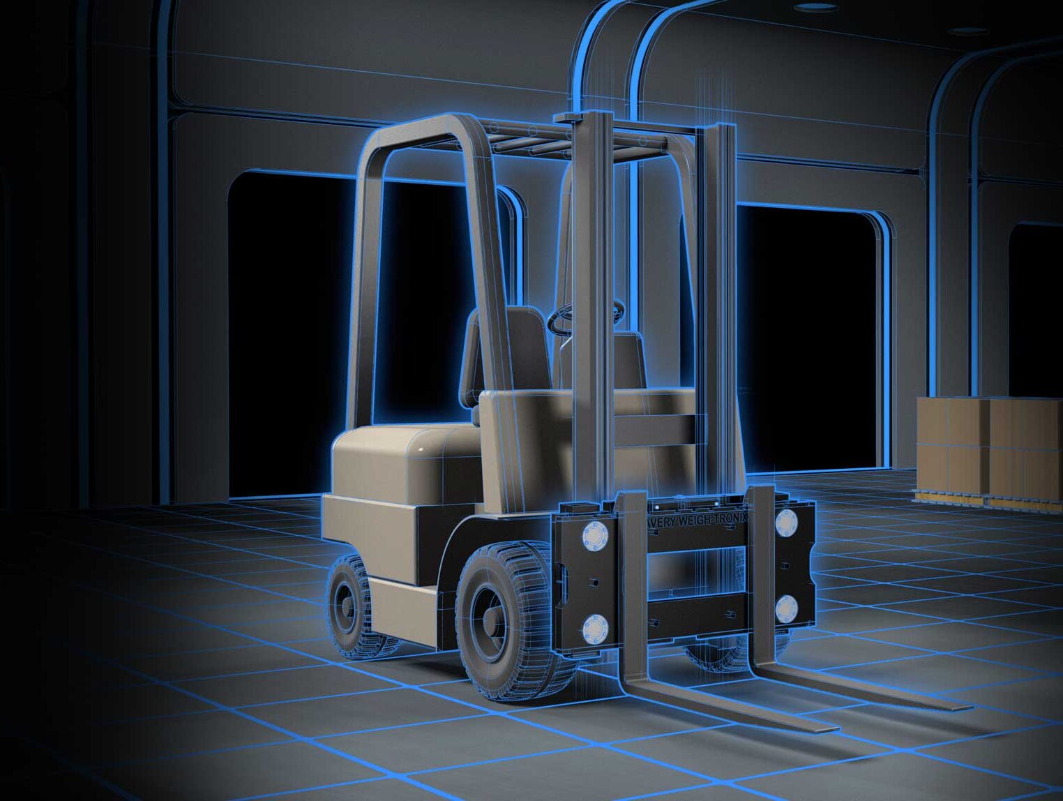 A forklift in a warehouse.