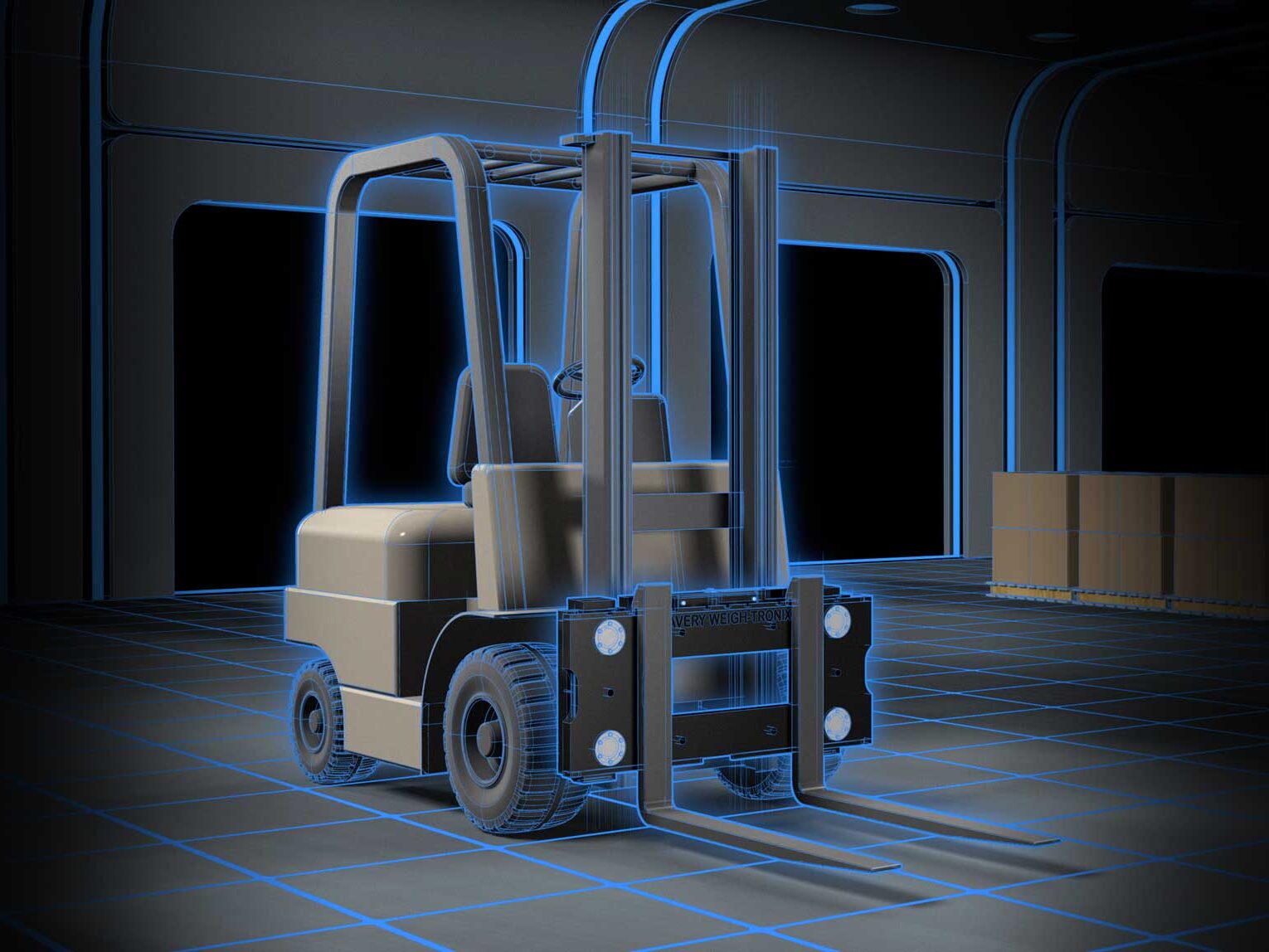 A forklift in a warehouse.