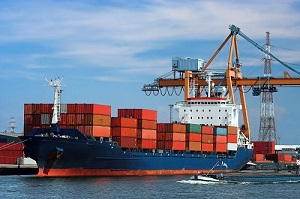 Docked container ship
