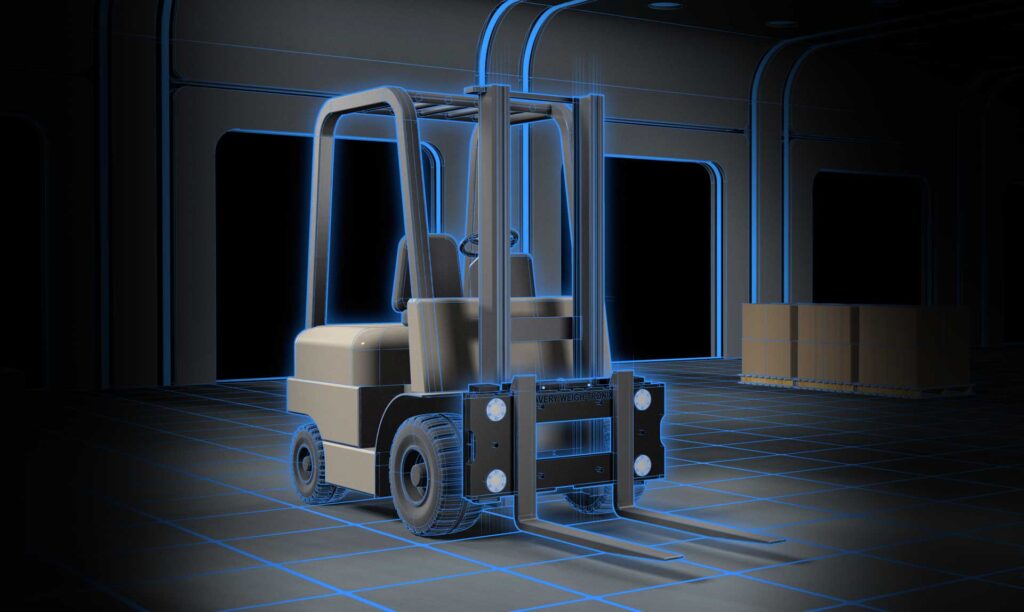 A forklift in a warehouse.